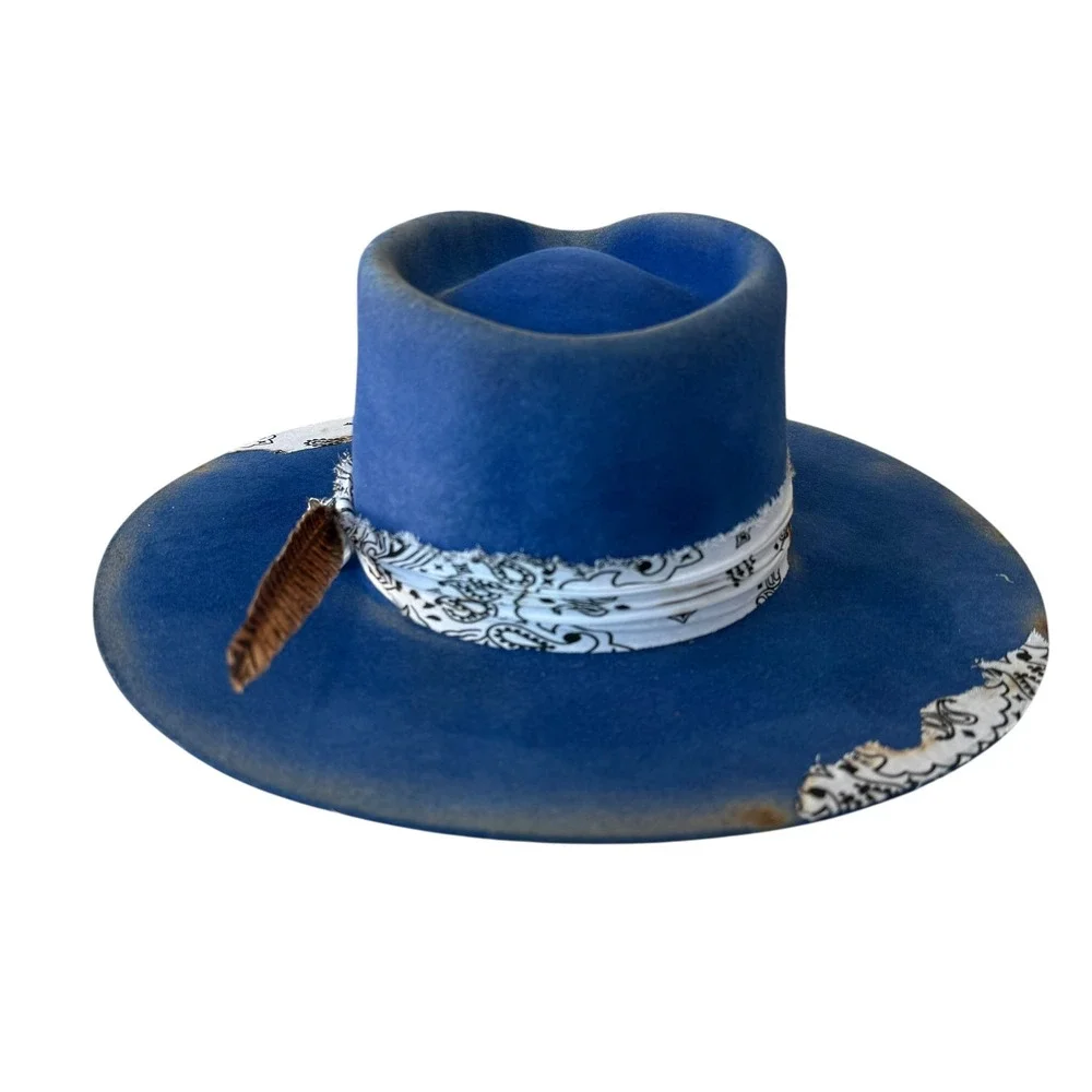 REV RAN Hats Royal Blue Western Hat Bandana‎ Feather Accent Size 7